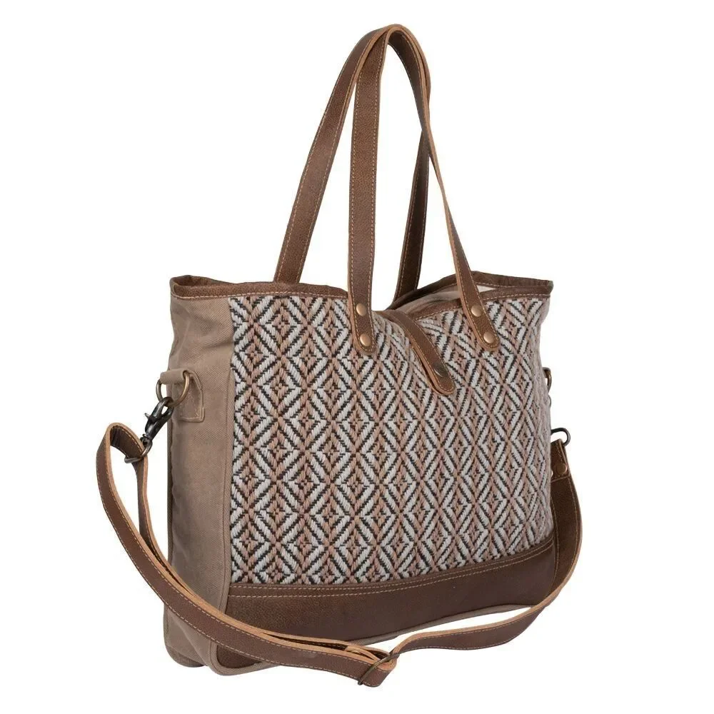 Myra Bag Handmade Exquisite Weekender Bag Upcycled Canvas & Cowhide Leather